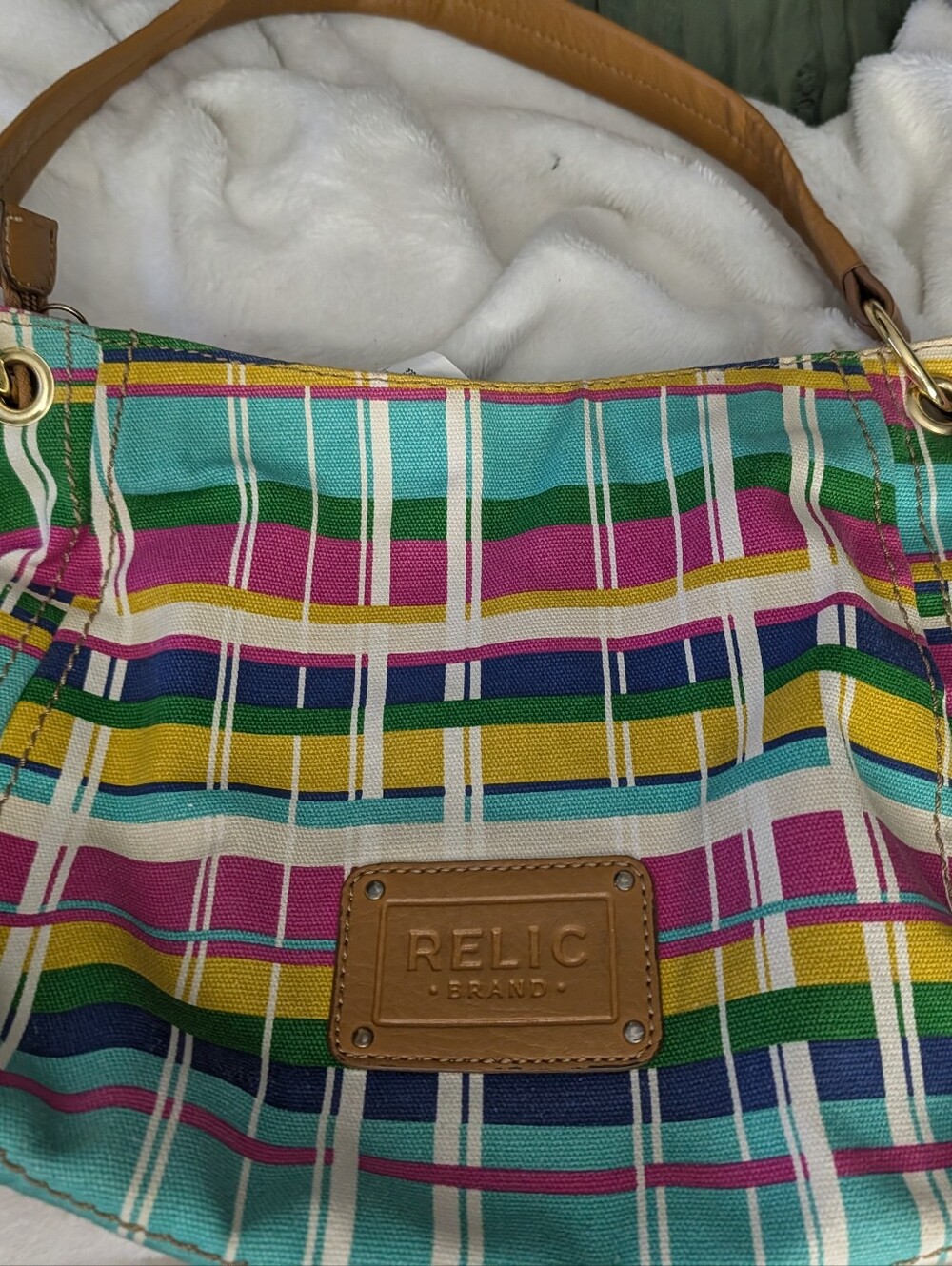 Relic by Fossil Colorful Plaid Canvas Shoulder Bag Y2K Spring Summer Hobo
